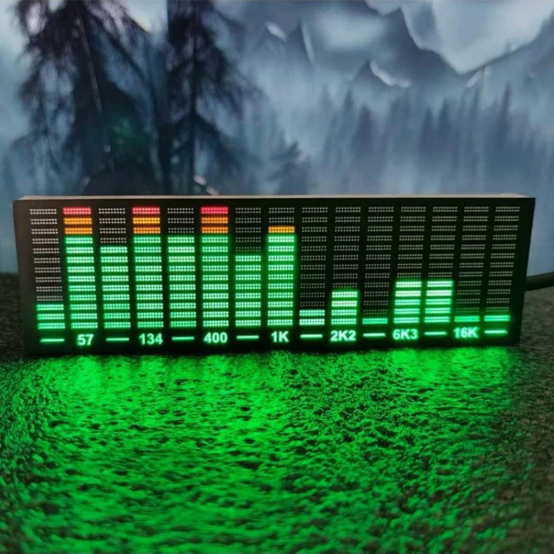 A rectangular led level indicator with black frame showing green and red bars for music spectrum display and audio rhythm lamp