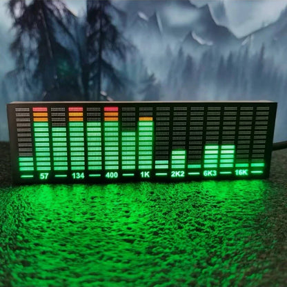 A rectangular led level indicator with black frame showing green and red bars for music spectrum display and audio rhythm lamp