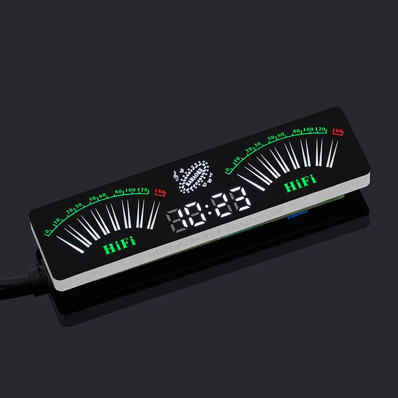 Black and silver digital audio level indicator vu meter with green led displays for music spectrum and voice control atmosphere light