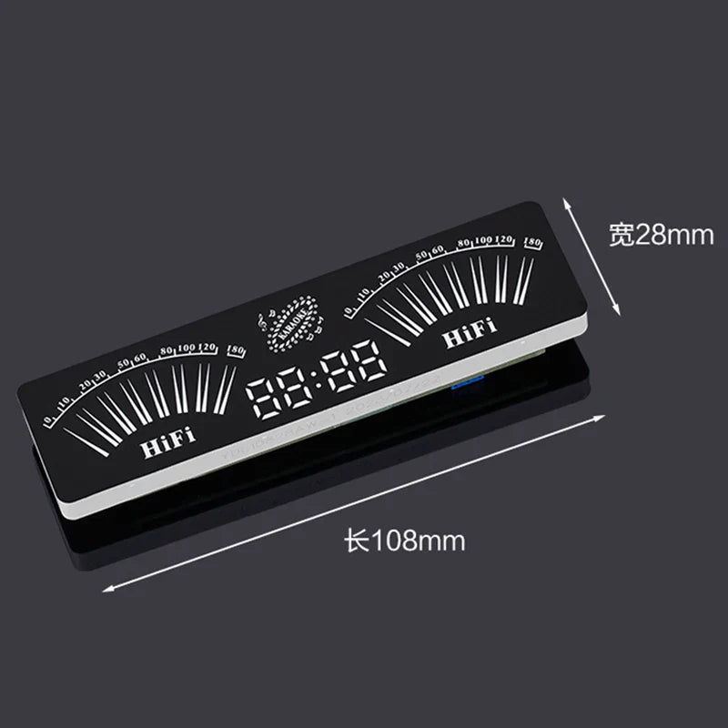 Black rectangular digital audio vu meter with silver trim featuring voice control and music spectrum atmosphere light display