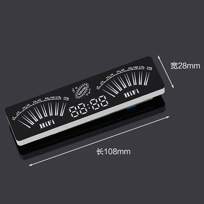 Black rectangular digital audio vu meter with silver trim featuring voice control and music spectrum atmosphere light display