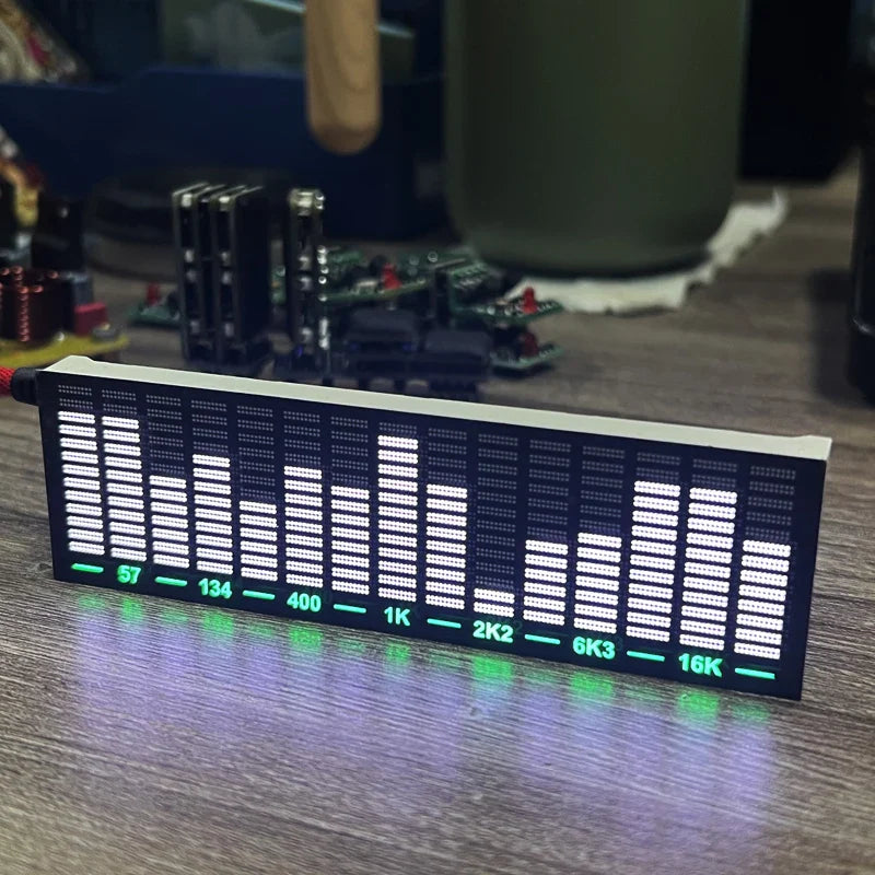 Black rectangular led audio level indicator vu meter with white illuminated bars and green numerical frequency labels for voice control music spectrum led pickup rhythm analyzer light display