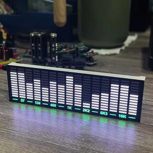 Black rectangular led audio level indicator vu meter with white illuminated bars and green numerical frequency labels for voice control music spectrum led pickup rhythm analyzer light display
