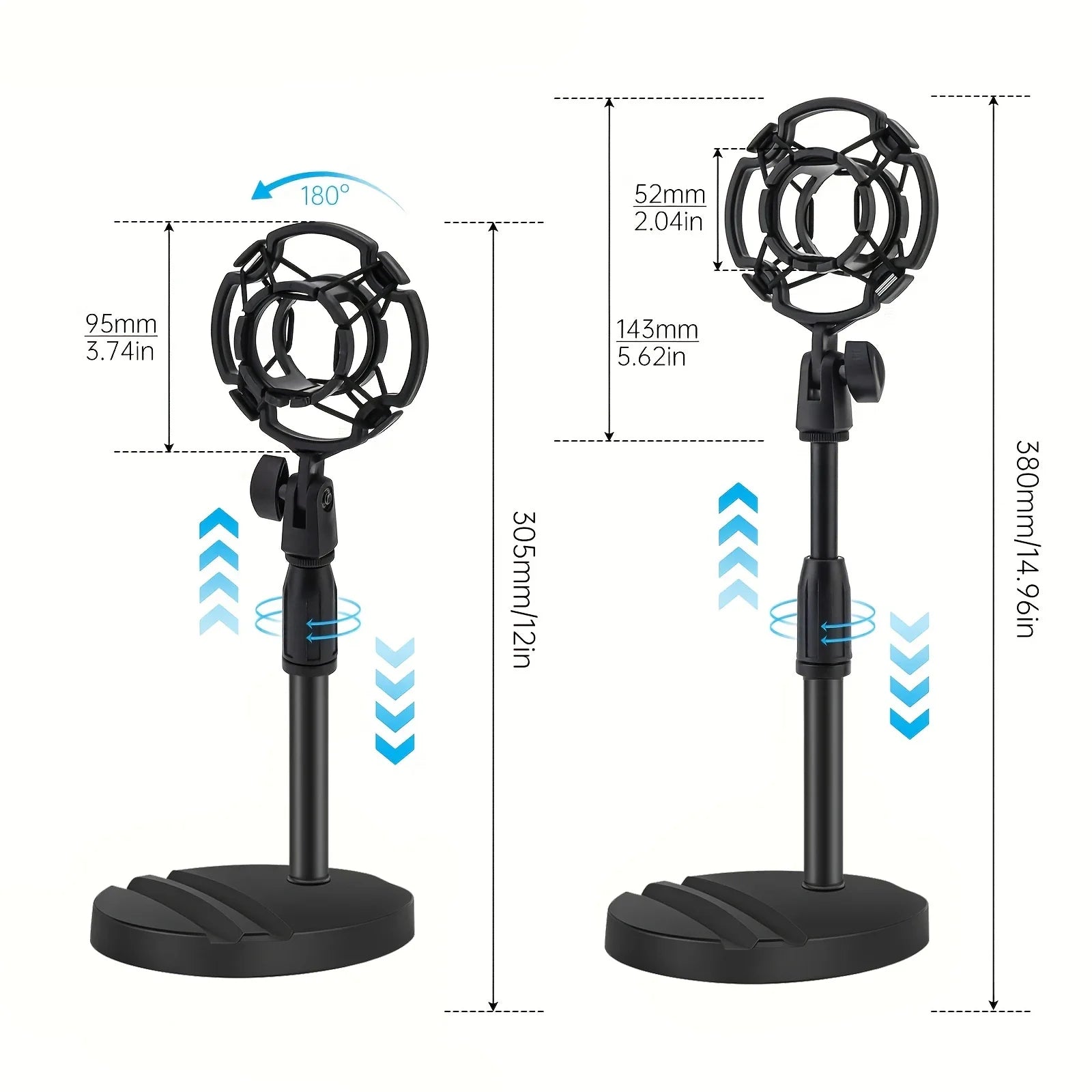 Black multifunctional microphone stand combo with circular shock mount, measurement markings, and phone tablet holder