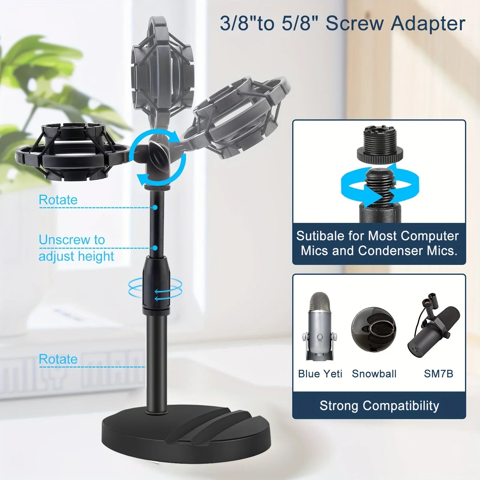 Black multifunctional microphone stand combo with three rotating arms and phone tablet holder for condenser mics
