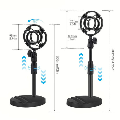 Black multifunctional microphone stand with circular shock mount, phone tablet holder, measurement markings, and adjustable height
