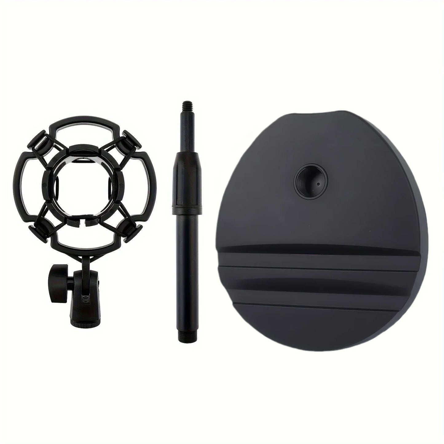 Black multifunctional microphone stand combo set with shock mount circular base and adjustable phone tablet holder
