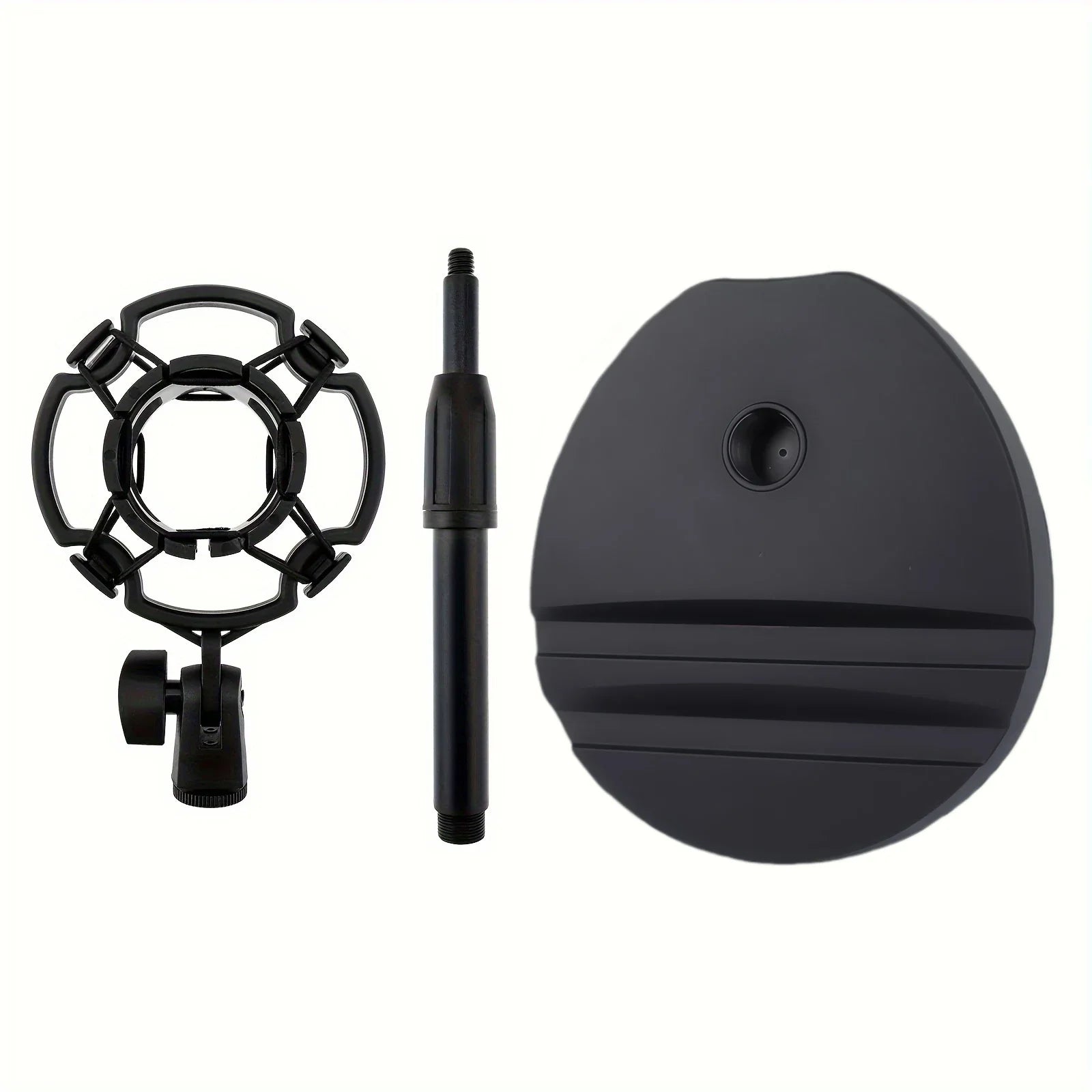 Black multifunctional microphone stand combo set with shock mount circular base and adjustable phone tablet holder