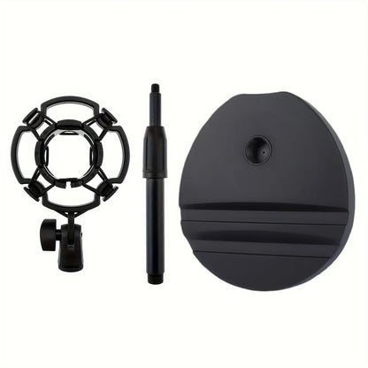 Black multifunctional microphone stand combo set with shock mount circular base and adjustable phone tablet holder