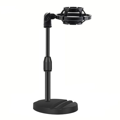 Black multifunctional microphone stand with shock mount and phone tablet holder adjustable for studio use