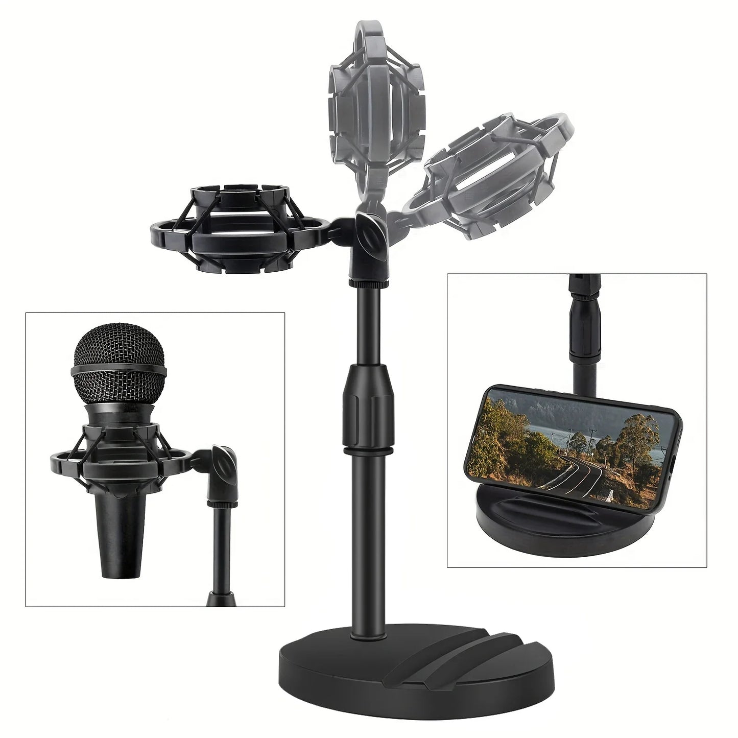 Black multifunctional microphone stand combo with adjustable height, phone tablet holder, spring clip, and shock mount