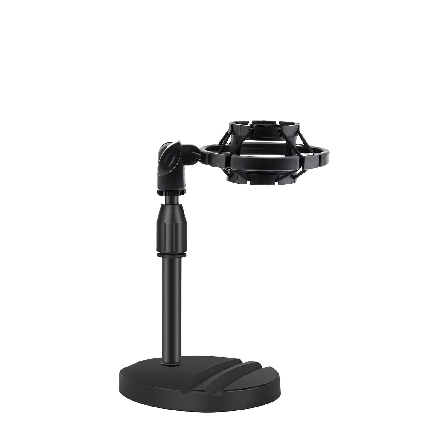 Black multifunctional microphone stand with adjustable arm shock mount and phone tablet holder for versatile use