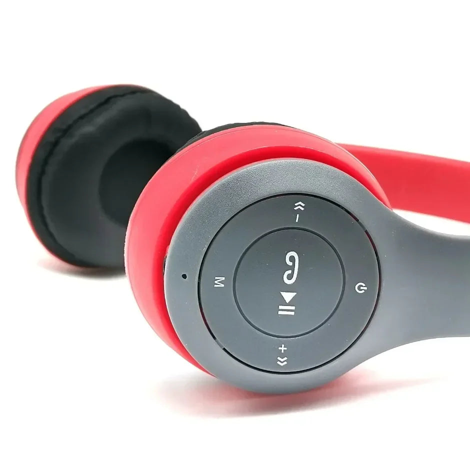 Red and gray multifunctional portable foldable wireless headphones with black ear cushions for wireless sports game use