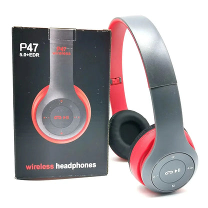 Red and gray multifunctional portable foldable wireless bluetooth 5.0 headphones with circular control buttons for balanced armature vocalism and wireless sports game use