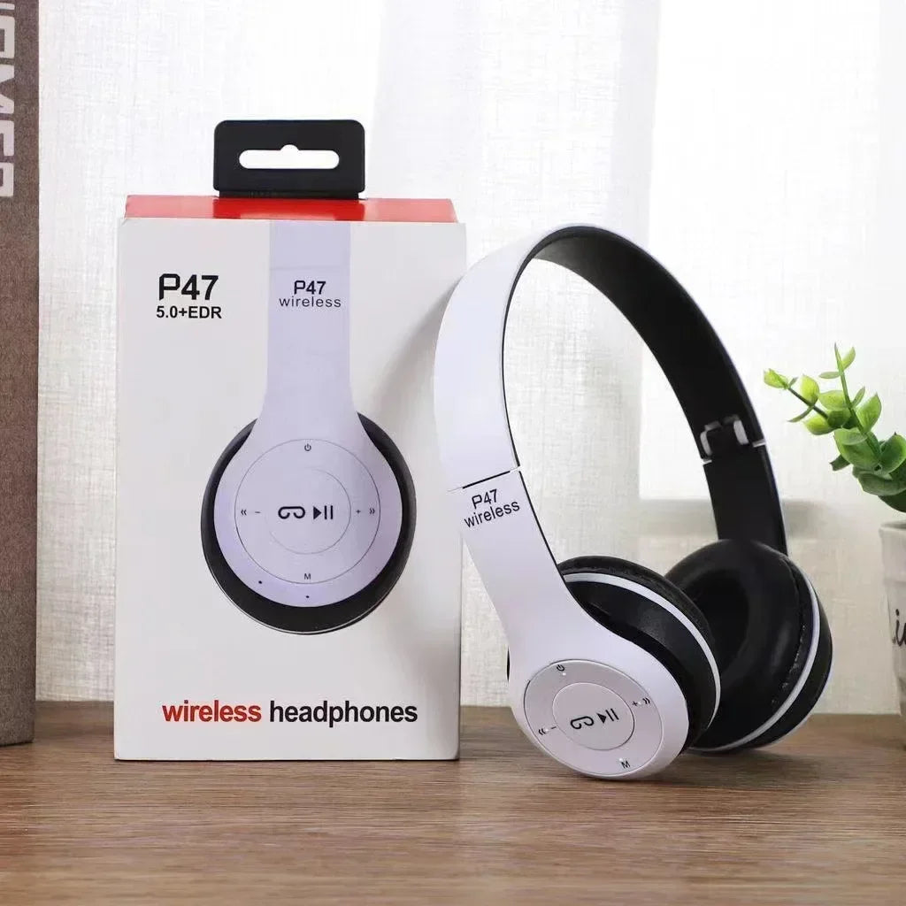 White and black p47 multifunctional portable foldable wireless bluetooth 5.0 headphones with balanced armature vocalism and touch controls