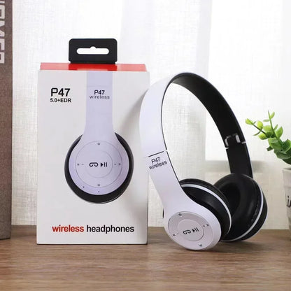 White and black p47 multifunctional portable foldable wireless bluetooth 5.0 headphones with balanced armature vocalism and touch controls