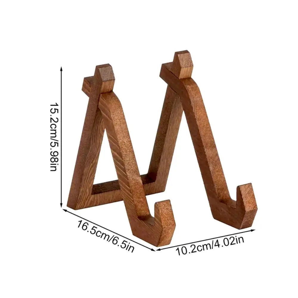 A sturdy medium-brown multifunctional retro wooden frame stand handmade for music albums and pictures with visible grain