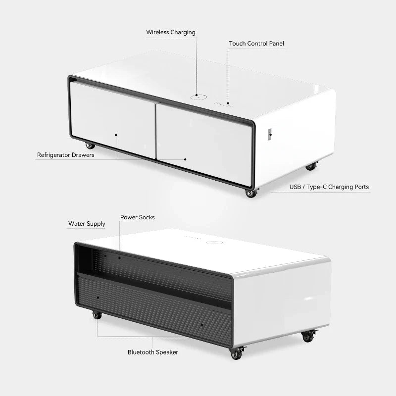 Modern white and black smart coffee table with refrigerator drawers usb ports and cold drink music features