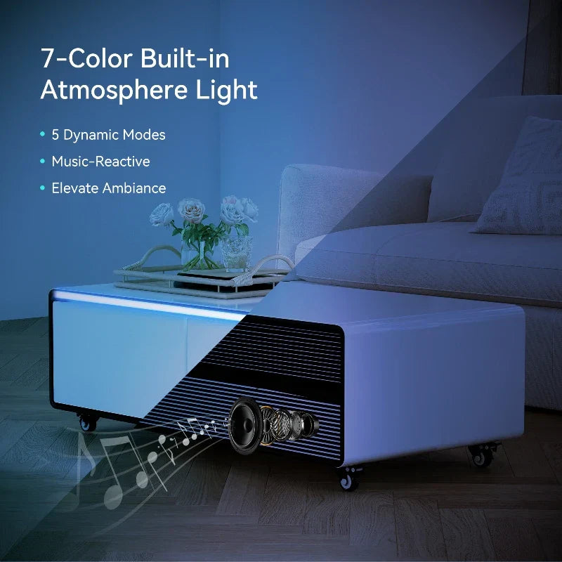 White and black modern smart coffee table with refrigerator smart furniture and 7-color atmosphere lighting for cold drink music