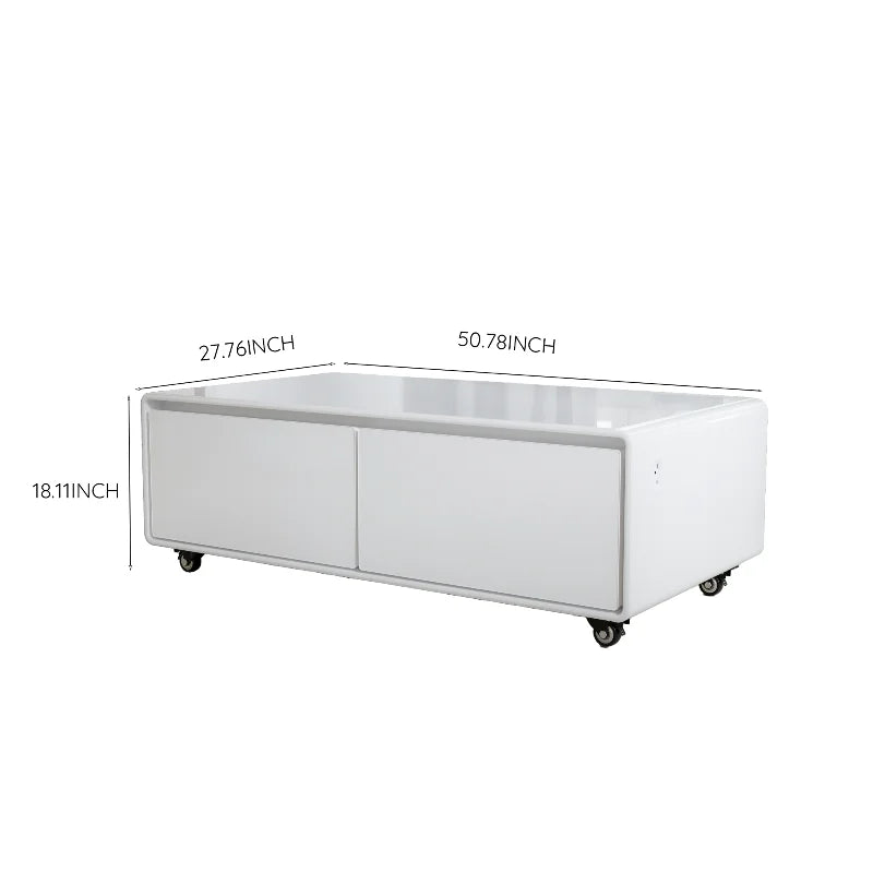White glossy smart coffee table with sliding doors and black caster wheels featuring refrigerator smart furniture design