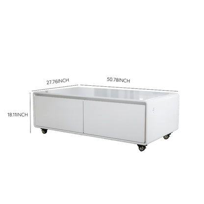 White glossy smart coffee table with sliding doors and black caster wheels featuring refrigerator smart furniture design