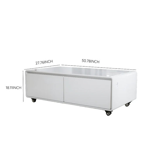 White glossy smart coffee table with sliding doors and black caster wheels featuring refrigerator smart furniture design