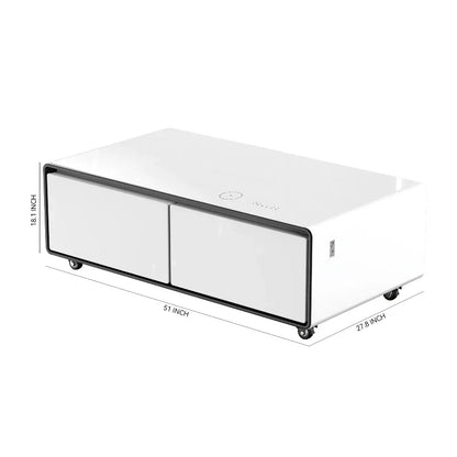 White rectangular smart coffee table with black trim wheels and sliding doors featuring refrigerator smart furniture and cold drink music