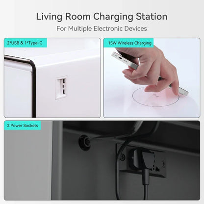 White smart coffee table charging station with 2 usb ports 1 type-c port and 15w wireless charger for refrigerator smart furniture