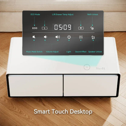 White smart coffee table with black trim drawers featuring cold drink music player and refrigerator smart furniture design