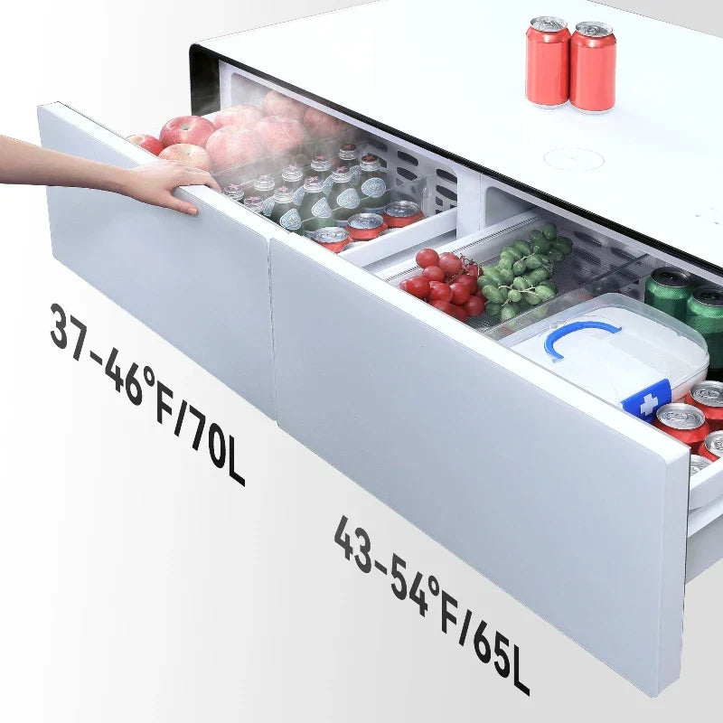 White smart coffee table refrigerator smart furniture with two pull-out drawers for chilled and frozen storage cold drink music