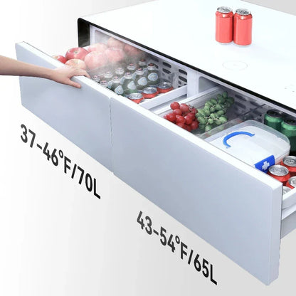 White smart coffee table refrigerator smart furniture with two pull-out drawers for chilled and frozen storage cold drink music