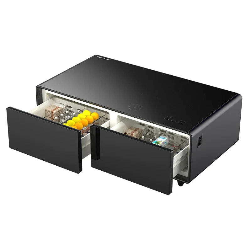 Black multifunctional smart coffee table with two open drawers showing organized cash and yellow spherical objects compartments