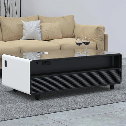 Modern black and white multifunctional smart coffee table with glass top, electric heater, and built-in power outlets