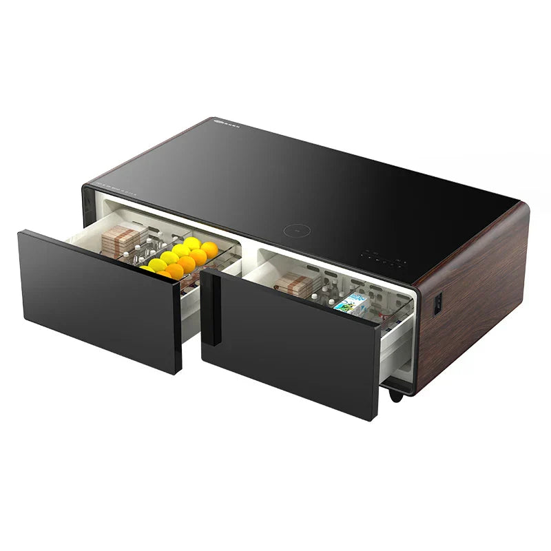 Modern black and wood multifunctional smart coffee table with open drawers and organized compartments for refrigerator coffee tables