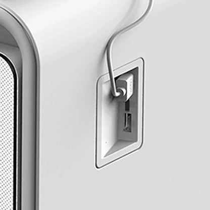 White rectangular usb-c port with integrated cable management on the back of a multifunctional smart coffee table with fridge