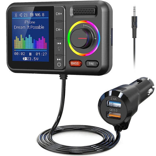 Black multifunctional wireless fm transmitter aux adapter mp3 with colorful rgb dial dual usb fast charging car ports