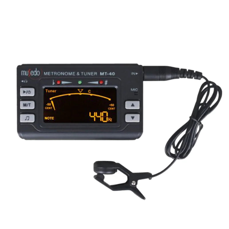 Black musedo mt-40 professional precision lcd guitar metronome tone generator guitar tuner with orange display and clip-on mic