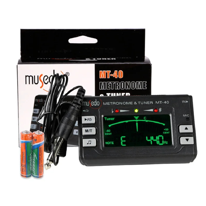 Black museo mt-40 professional precision lcd guitar metronome tone generator guitar tuner with green display showing e 440 hz