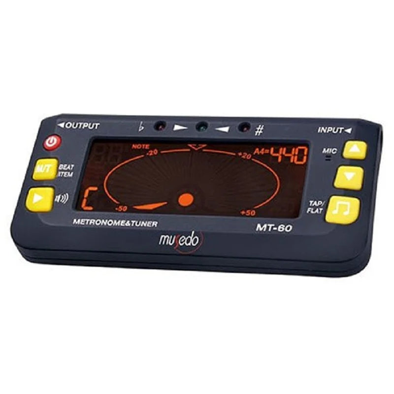Black plastic musedo mt-60 professional precision lcd guitar metronome tone generator guitar tuner with yellow buttons and orange display