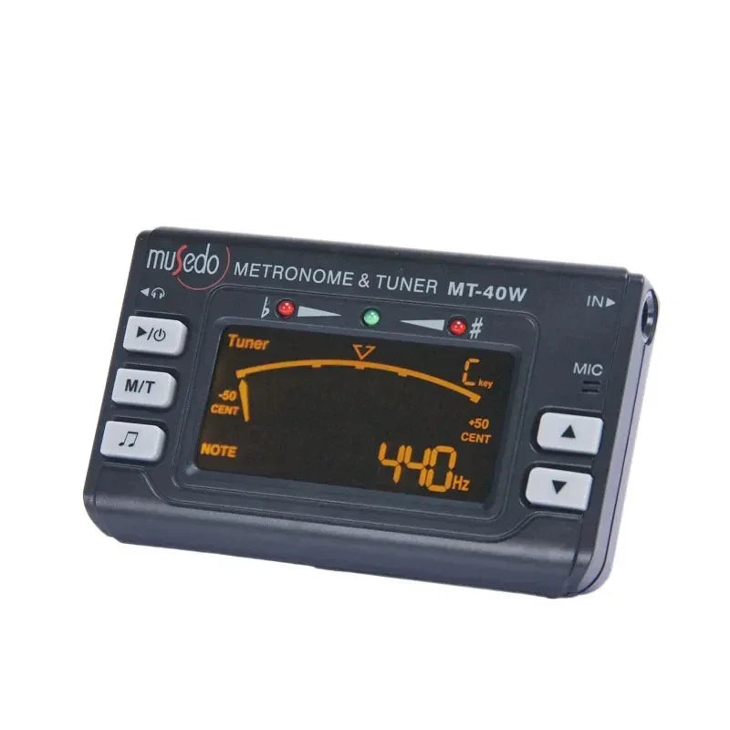 Black musedo mt-40w clarinet saxophone tuner metronome with digital lcd display showing 440 hz in orange numerals
