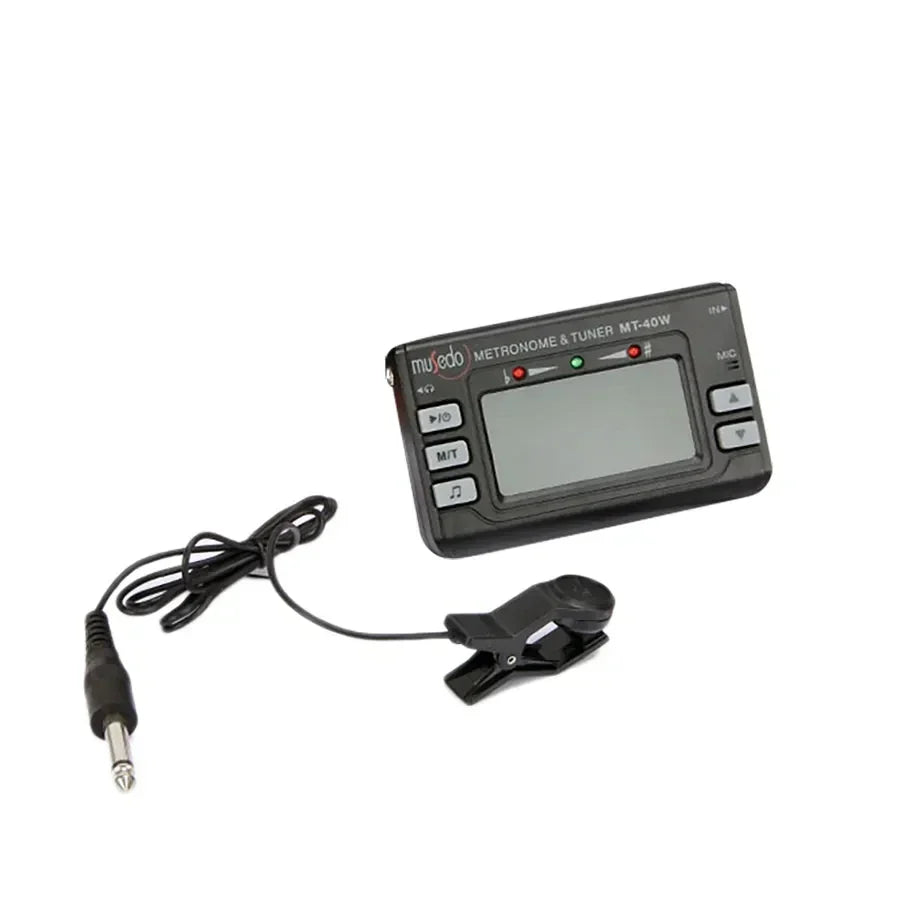 Black musedo mt-40w clarinet saxophone tuner metronome with lcd screen buttons and clip-on microphone connection cable