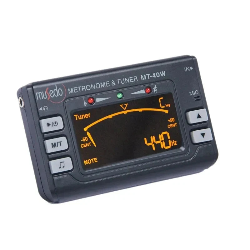 Black Musedo MT-40W metro-tuner with digital orange 440 hz display for clarinet saxophone tuner metronome use