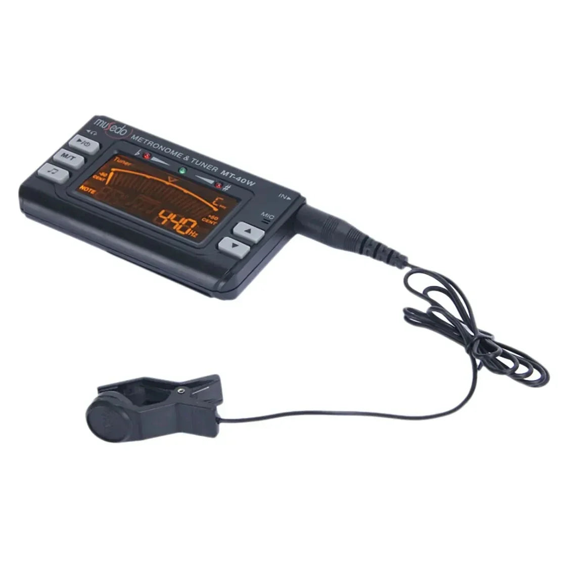 Black plastic musedo mt-40w clarinet saxophone tuner metronome with orange digital display showing 440hz frequency
