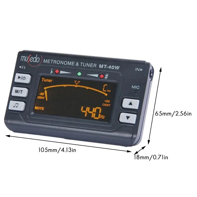 Black plastic musedo mt-40w clarinet saxophone tuner metronome with orange digital display showing 440hz tone generator