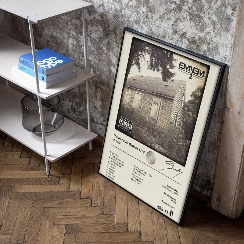 Black-framed music album poster featuring sepia-toned eminem marshall mathers lp 2 tracklist for living room decor
