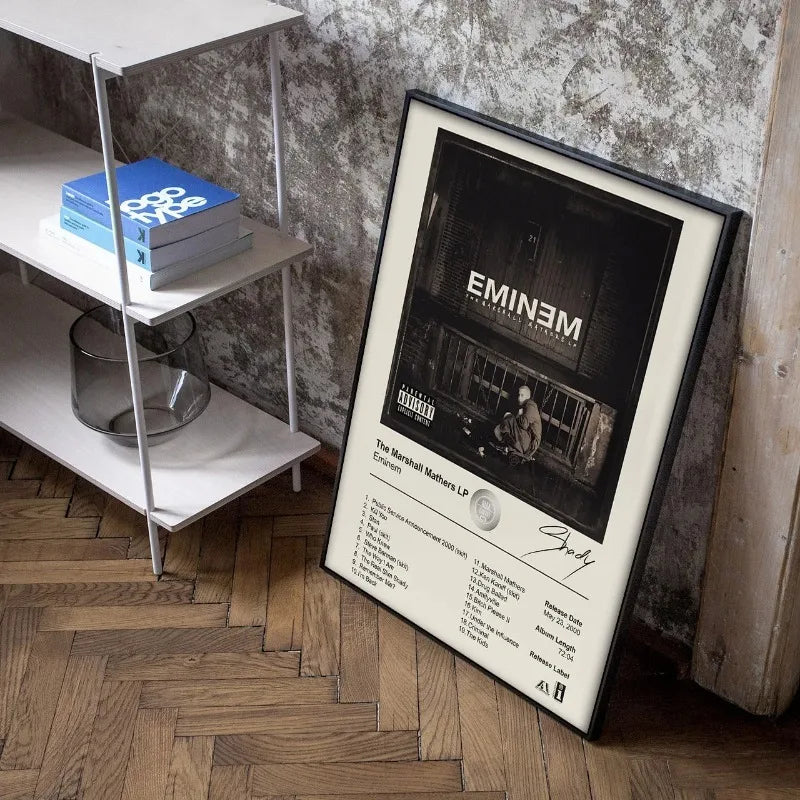 Black-framed poster featuring eminem the marshall mathers lp monochrome album cover and tracklist for living room decor