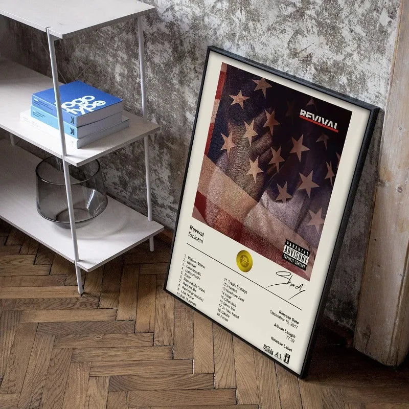 Black-framed poster of eminem revival album with distressed american flag gold seal and tracklist for wall decor gift