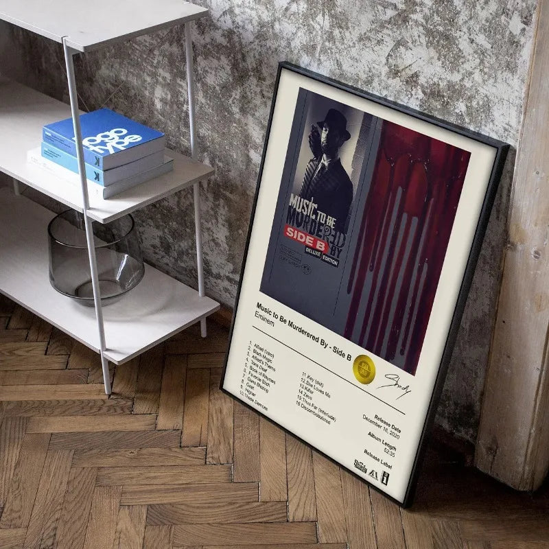 Black-framed poster of eminem music to be murdered by side b album with red dripping design for home wall decor