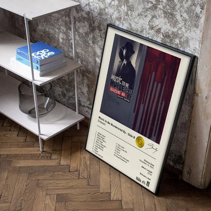 Black-framed poster of eminem music to be murdered by side b album with red dripping design for home wall decor
