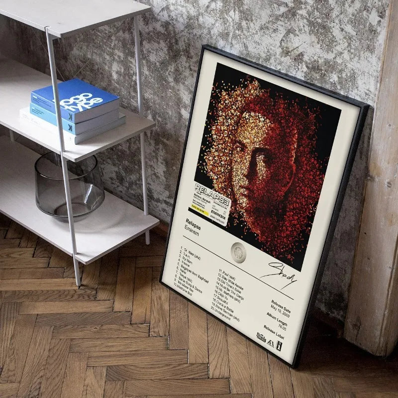 Black-framed canvas poster of red and gold pixelated eminem portrait with album details for hip hop wall decor gift